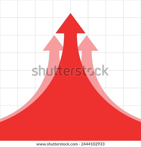 big red rising arrow is followed by other arrows to form a symmetrical image. Describes good financial conditions, growing economy, profitable business