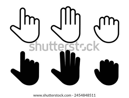 computer mouse cursor click hand pointer and hand grab outline and black fill