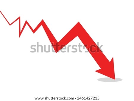 big red business arrow graph going down start from thin line become bold arrow line