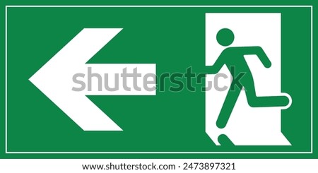 A Man Run to Exit Door Sign with Arrow show direction Left Symbolizing Emergency Evacuation