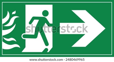 A Man Run to Fire Exit Door Sign with Arrow show direction Right Symbolizing Fire Emergency Evacuation Green Symbol