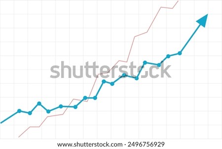 blue business arrow rising up with dots followed by line graph going up, trading profit, economic boom, business growth