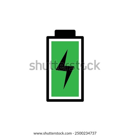 green battery charging indicator, full charged battery icon flat design drawing style representing battery power status, used in digital devices to display remaining battery life, charging status