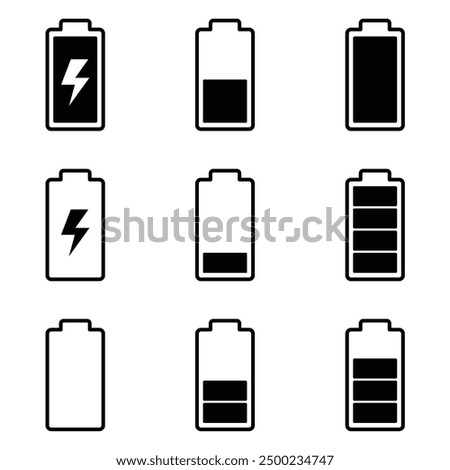 battery indicator symbol iconset outline drawing style representing battery power status, used in digital devices to display remaining battery life, charging status