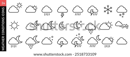 Weather Forecast Icon Set, Cloudy, various weather conditions, Overcast, Sunny, Rainy, Snowy, and Windy Conditions