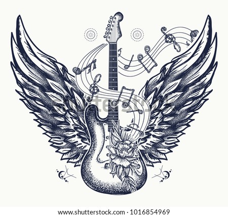 Electric guitar, roses, angel wings and music notes. Rock and roll t-shirt design. Symbol of  music festivals. Electric guitar tattoo art print