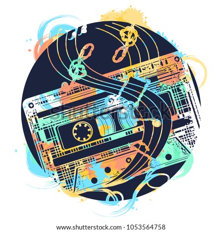 Audio cassette and music notes tattoo and t-shirt design. Symbol of retro music, nostalgia, 80th and 90th 