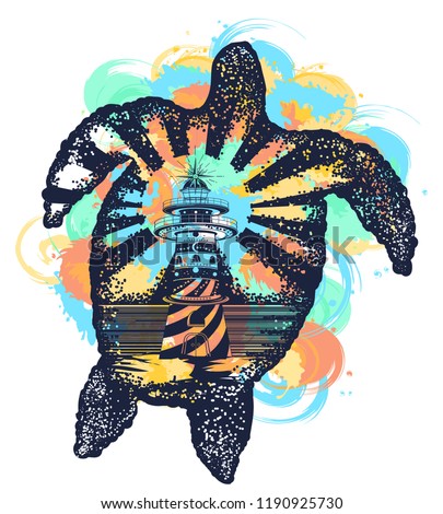 Turtle double exposure animals tattoo art and t-shirt design watercolor splashes style. Symbol of tropical travel, adventure, surf. Lighthouse on edge of cliff 