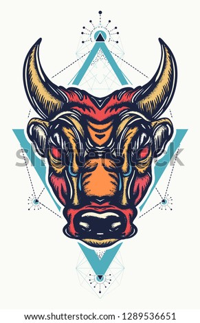 Angry bull t-shirt design. Minotaur, symbol of bravery, fight, hero, army 