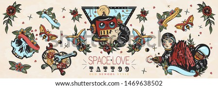 Love in outer space. Retro futuristic old school tattoo collection. Lovers. Kissing robot, girl astronaut, mechanical heart, Mars mountains.  Sci-fi movie funny art. Traditional tattooing style