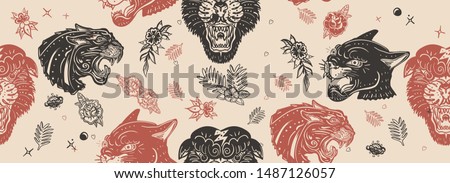 Black panthers seamless pattern. Old school tattoo style. Vintage paper background. Aggressive wild cats, animals background. Traditional tattooing art 