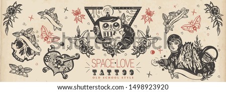 Love in outer space. Lovers. Kissing robot, girl astronaut, mechanical heart, Mars mountains. Retro futuristic old school tattoo collection. Vintage sci-fi movie funny art. Traditional tattooing style