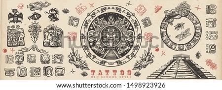 Ancient Maya Civilization. Old school tattoo collection. Mayan, Aztecs, Incas. Sun stone pyramids, glyphs, Kukulkan. Ancient mexican mesoamerican culture. Vintage traditional tattooing style 