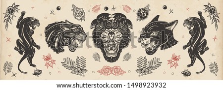 Black panthers. Old school tattoo collection. Japanese style. Vintage wild cats. Traditional tattooing art