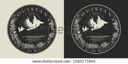 Louisiana. United States of America (USA). Child of the Mississippi slogan. Travel and tourism concept. Template for clothes, t-shirt design. Vector illustration 