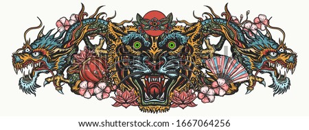 Dragons and tiger head. Traditional asian concept. Oriental art. Ancient China and Japan style. Mythology and culture. Yakuza tattoo 