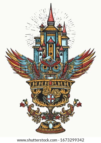 Holy grail, magic owl and ancient castle. Symbol of Dark Ages Europe, alchemy legends. Gothic fairy tale art. Tattoo and t-shirt design. Medieval history concept 