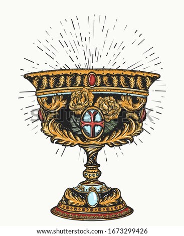 Holy grail. Medieval sacred chalice of Christianity. Symbol of Dark Ages Europe, alchemy legends, mystical secret of crusaders and Templars. Gothic fairy tale art. Tattoo and t-shirt design 