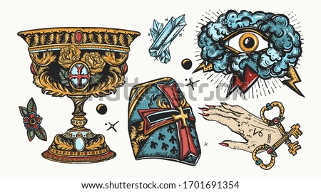 Medieval old school tattoo collection. Warrior crusader helmet, sacred holy grail, occult magic hands and all seeing eye. Middle age art. Traditional tattooing style 