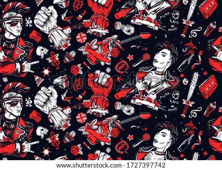 Punk music seamless pattern. Punker with mohawk hairstyle, rock woman, guitarist girl. Hooligans lifestyle. Electric guitar. Anarchy art. Old school tattoo style. Street culture concept 