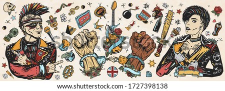 Punk music. Old school tattoo vector collection. Punker with mohawk hairstyle, rock woman, guitarist girl. Hooligans lifestyle. Electric guitar. Anarchy art. Traditional tattooing style