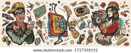 Hip hop music. Old school tattoo collection. African American man rapper in baseball cap and glasses, Rap girl, swag woman, boom box. Audio cassette, break dance. Tattooing musical street ghetto 