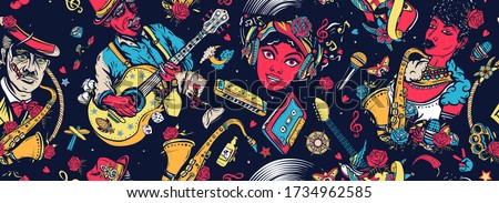 Music unites people. Jazz, funk, blues, soul. Musicians lifestyle. African American funky girl, bluesman playing slide guitar, Beautiful black woman and saxophone. Multicultural musical pattern 