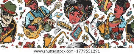 Multicultural musical pattern. Music unites people. Jazz, funk, blues, soul. Musicians lifestyle. African American funky girl, bluesman playing slide guitar, Beautiful black woman and saxophone 