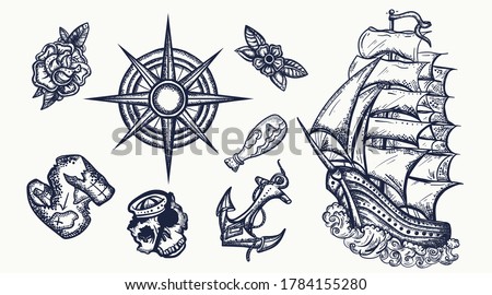 Pirates elements. Tattoo collection. Ship in storm,  compass, anchor, rum, treasure island map, swallows. Sea adventure set 