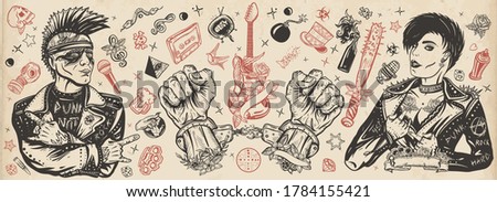 Punk rock music. Old school tattoo vector collection. Punker with mohawk hairstyle, rock woman, guitarist girl. Electric guitar. Anarchy art. Hooligans lifestyle. Traditional tattooing style 