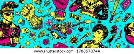 Punk girl lifestyle. Hooligans. Anarchy art. Music concept. Rock culture musical background. Seamless pattern. Punker with mohawk, electric guitar, rock woman 