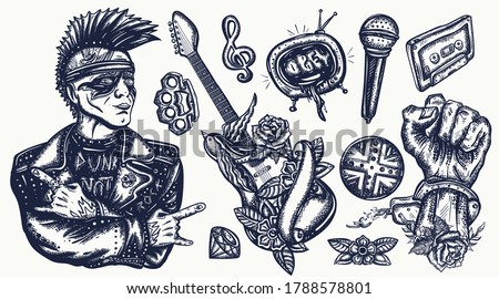 Punk music set. Tattoo vector collection. Punker with mohawk hairstyle, hard rock man. Hooligans lifestyle. Electric guitar. Anarchy art. Traditional tattooing elements 