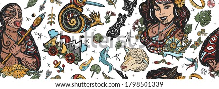 New Zealand seamless pattern. Old school tattoo collection. Ethnic Polynesian woman in traditional costume. Aboriginal tribes, Maori man warrior grimace. Tradition and people. Tourism and travel 
