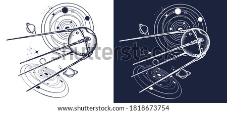 Sputnik space ship tattoo and t-shirt design. Universe research. Symbol of space expedition, science, future, research of solar system. Black and white vector graphics 