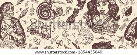 New Zealand seamless pattern. Old school tattoo collection. Aboriginal tribes, Maori man warrior grimace. Tradition and people. Tourism and travel. Ethnic Polynesian woman in traditional costume 
