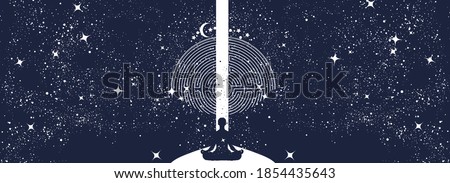 Yoga in universe. Meditation banner. Human in a lotus pose. Symbol of secret knowledge, harmony of soul and body, wisdom, religion. Black and white surreal graphic