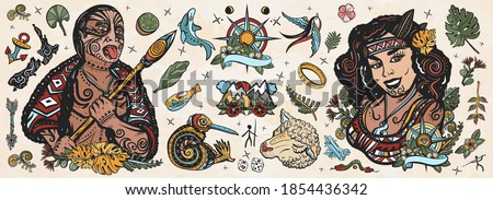 New Zealand. Old school tattoo vector collection. Ethnic Polynesian woman in traditional costume. Aboriginal tribes, Maori warrior grimace. Kiwi bird, sheep, mountains, map. Tradition and people 