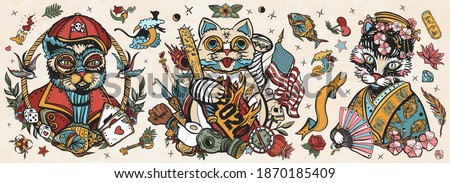 Cats old school tattoo vector collection. Unlucky lucky cat, symbol 2020 world crisis concept. Portrait of kitty geisha princess. Traditional tattooing style. Funny pets art, animals hand drawn 