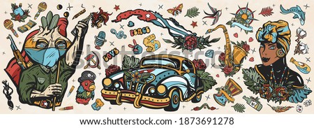 Cuba old school tattoo vector collection. Havana retro cars. Revolutionary communist, map, beautiful cuban woman, cigar, rum. History and culture, island of freedom. Traditional tattooing style 