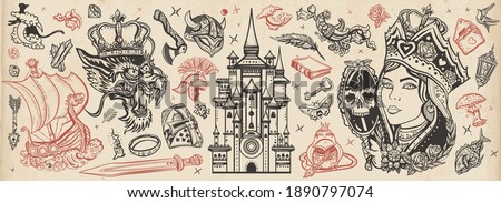 Fairy tales old school tattoo vector collection. Middle Ages magic legends. Fantasy tattooing style. Medieval castle, queen in the golden, crown, dragon, knight, viking boat, sword and princess frog