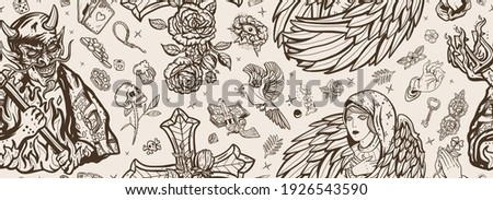 Angel and demon seamless pattern. Good and evil. Cross with roses, hands prayer, dove. Sin and holiness. Paradise and Hell art. Terrible satan with pitchforks and holy nun. Old school tattoo style 