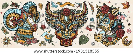 Farm animals portrait. Cute ram, evil bull, beautiful horse. Cartoon character. Old school tattoo vector collection. Traditional tattooing style 