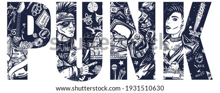 Punk slogan. Old school tattoo vector style. Punker with mohawk hairstyle, rock music woman, guitarist girl. Electric guitar. Anarchy art. Hooligans lifestyle. Typography art, lettering concept 