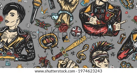 Punks lifestyle. Punker with mohawk, gothic rock girl. Vector illustration. Protest concept. Hooligans. Anarchy art. Music concept. Seamless pattern. Hard rock culture musical background 