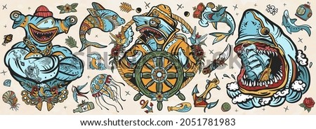 Sharks. Old school tattoo collection. Sea wolf, captain in the sea, sailor at helm. Great white shark and drowned ship. Jellyfish, anchor, underwater life. Strong hammerhead shark fish. Tattooing set 