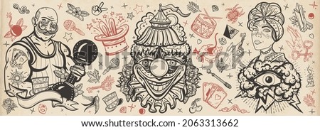 Circus. Traditional tattooing style set. Clown, strong man with dumbbells, fortune teller woman, magic trick, rabbit in a magician hat. Old school tattoo vector collection 