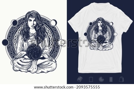 Woman meditation tattoo art. Girl in lotus pose. Symbol meditation, philosophy, astrology, magic, yoga. Vector graphics template. Hand drawn illustration 