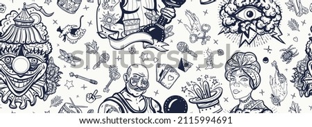 Circus.  Old school tattoo seamless pattern. Clown, strong man with dumbbells, fortune teller woman, magic trick, rabbit in a magician hat. Traditional tattooing background