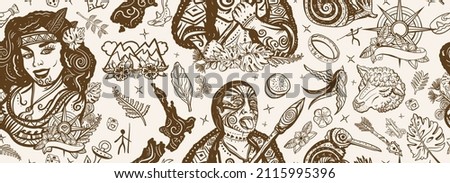 New Zealand seamless pattern. Tradition and people. Tourism and travel. Old school tattoo background. Aboriginal tribes. Ethnic Polynesian woman in traditional costume. Maori man warrior grimace