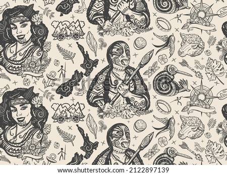 New Zealand seamless pattern. Aboriginal tribes. Tradition and people. Tourism and travel. Old school tattoo background. Ethnic Polynesian woman in traditional costume. Maori man warrior grimace